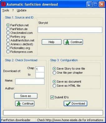 Developer's Description. FanFictionDownloader is a simple application to download FanFiction. FanFictionDownloader supports several different FanFiction archive pages to download from. Click on ... 